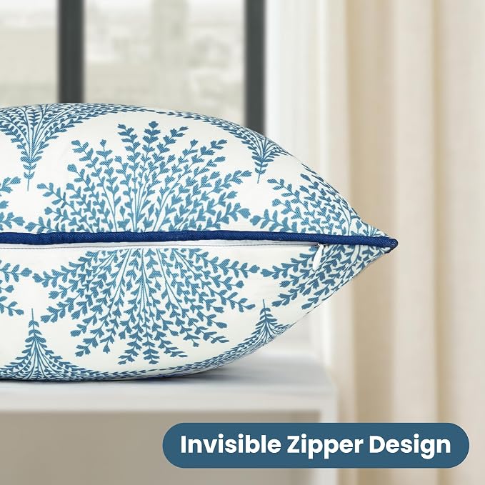Outdoor Pillow Covers 18x18 Inch, Water-Resistant Decorative Pillow Covers Pack of 2, Floral Throw Pillow Case for Patio Furniture Tent Garden, Blue Feathered Flower with Blue Edge, Cover ONLY