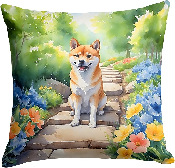 Caroline's Treasures Shiba Inu Spring Path Throw Pillow Machine Washable, Indoor Outdoor Decorative Pillow for Couch, Bed or Patio, 14Hx14W