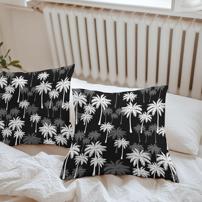 Throw Pillow Covers 18x18 Inch Set of 2, Tropical Palm Tree Waterproof Outdoor Pillow Covers, Black White Plants Coastal Leaf Beach Decorative Cushion Pillowcases for Couch, Sofa, Bed, Garden, Patio