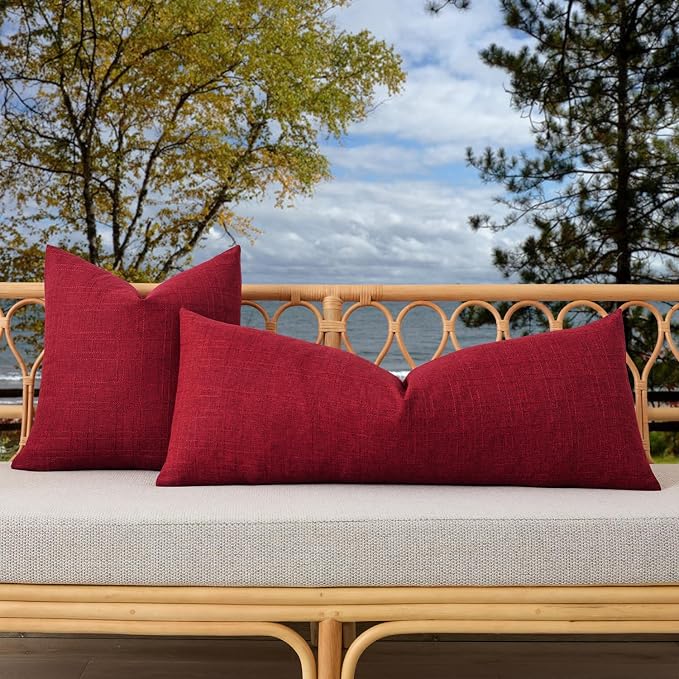 Kevin Textile Outdoor Waterproof 14”x36” Lumbar Pillow Cover 1 Pack, Red | Water Resistant, Soft Faux Linen-cotton Yarn-dyed Woven Texture Throw Pillow Covers for Tent Patio Garden Couch Sofa