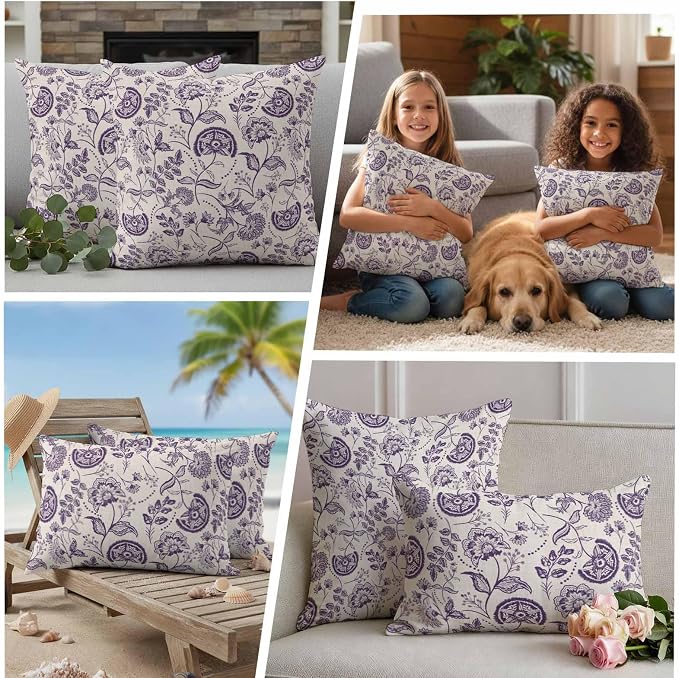 Outdoor Pillow Covers 20x12 Set of 2, Purple Spring Floral Waterproof Patio Throw Pillow Covers for Couch Sofa Chair, Summer Botanical Farmhouse Decorative Pillowcases for Throw Pillows