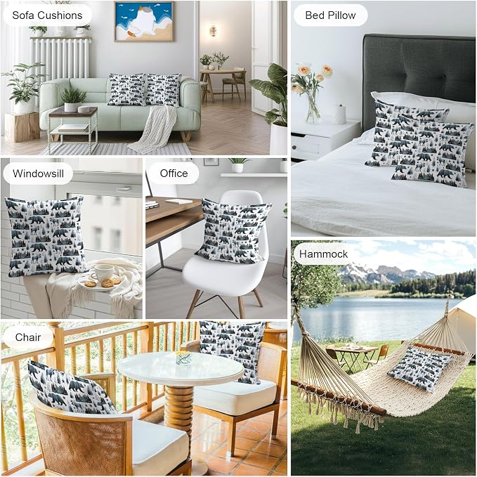 Bear Elk Cabin Outdoor Pillow Covers 24x24 Inch Throw Pillow Covers Set of 2 Waterproof Decorative Pillow Cases Farmhousee Pine Tree Forest Blue Cushion Covers for Patio Furniture Garden Couch Sofa