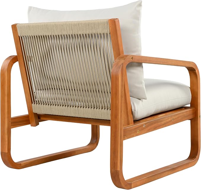 Merax Outdoor 4-Piece Acacia Wood Conversation Set - Patio 2-Seat Loveseat Sofa w/Cushion, 2 Armchair and Square Coffee Table for Backyard, Lawn, Balcony, Beige + Natural