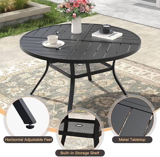 Round Patio Dining Set for 6, Outdoor Furniture Set of 47.2" Round Metal Table with Umbrella Hole and Stackable Wicker Patio Chairs for Backyard Lawn Garden, Walnut Chairs, Black Table