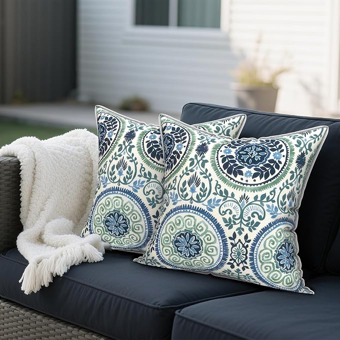 Outdoor Throw Pillows Inners, Fade Resistant Patio Furniture Square Pillows with Piping Set of 2 for Patio Furniture, 18x18 Inch, Celadon Wreath