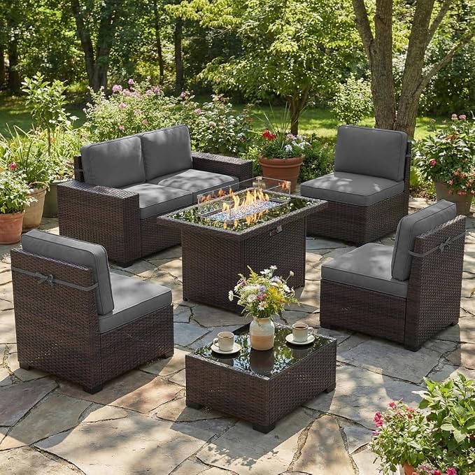 LayinSun 7 Pieces Outdoor Patio Furniture Set with 44" Fire Pit Table Brown Rattan Sectional Sofa Conversation Sets