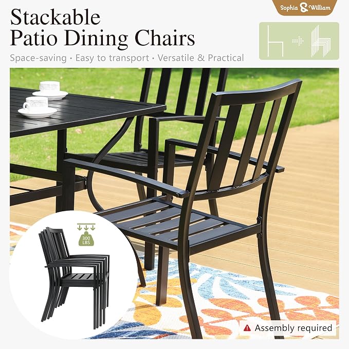 Sophia & William Patio Table and Chairs Set, Outdoor Dining Set for 6, 7 Piece Metal Patio Furniture, 64" Black Rectangular Table(Stripe)