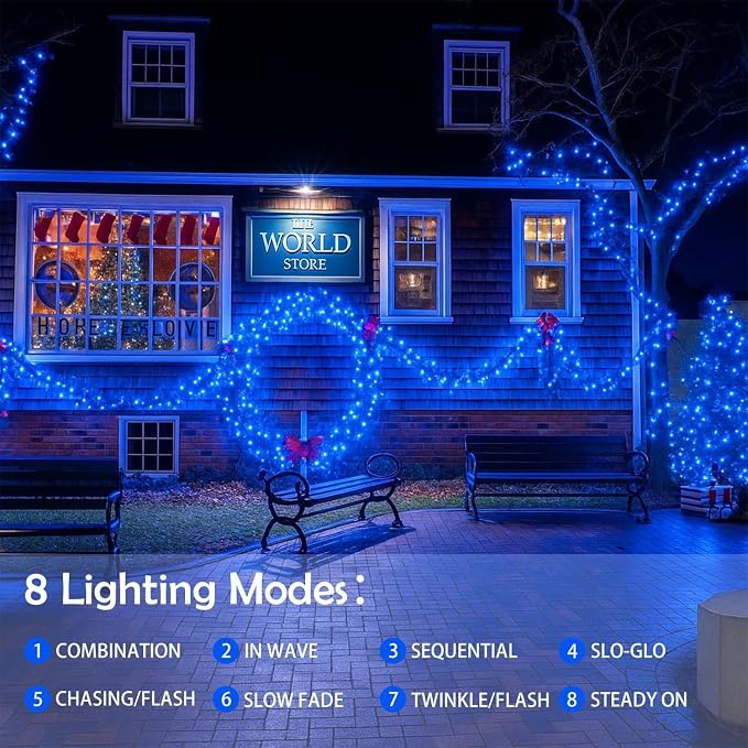 Solar Fairy Lights, 2 Pack Total 400LED 144FT Waterproof String Lights | Blue, Copper Wire, 8 Lighting Modes Solar Twinkle Lights for Tree Garden Patio Party Outdoor Christmas Decorations