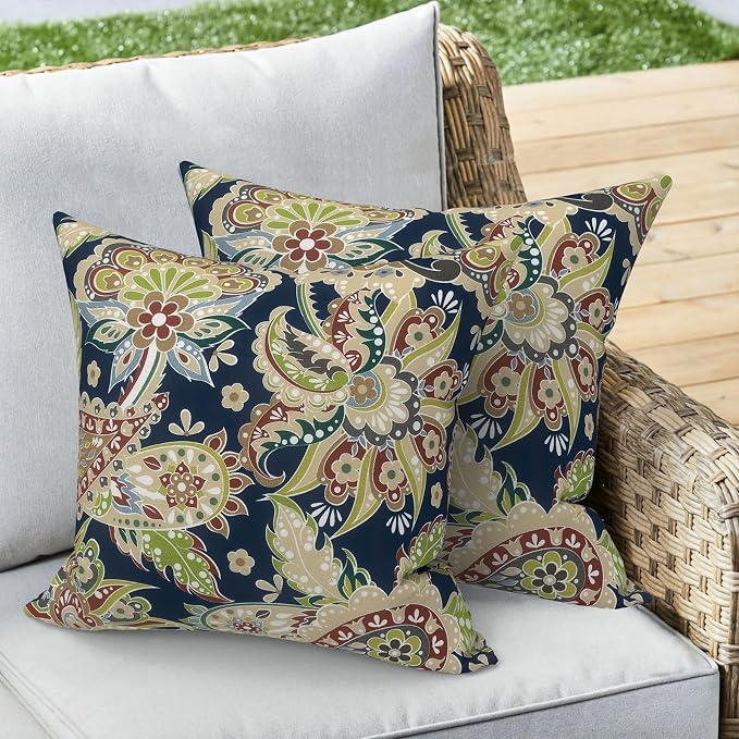 Outdoor 16x16 Inch Throw Pillow Covers Set of 2, Covers ONLY, All Weather Square Pillow Cases, Patio Cushion Pillow of Home Furniture Use, Paisley Sapphire Blue