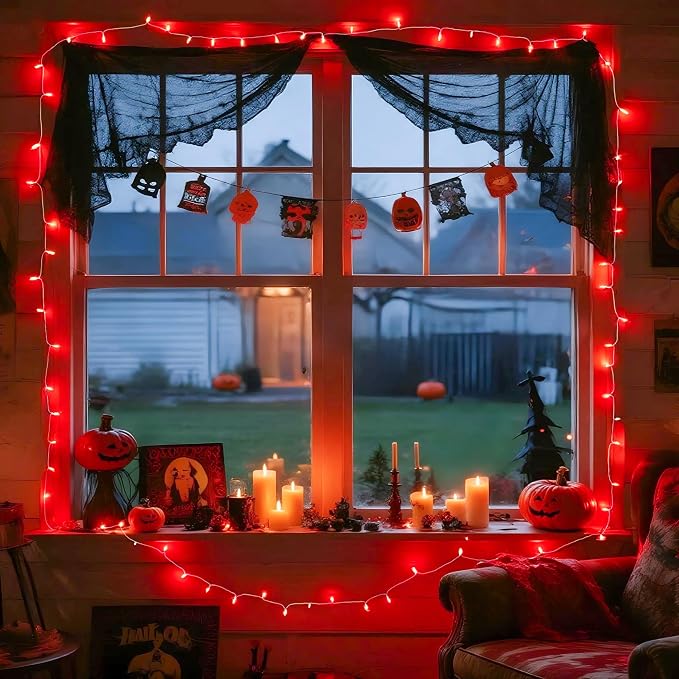 JMEXSUSS Connectable 33ft 100 LED Red Halloween String Lights Clear Wire | 8 Modes Room Red Lights Indoor Plug-in, Red Christmas String Lights Outdoor Waterproof for Xmas Bedroom, Party