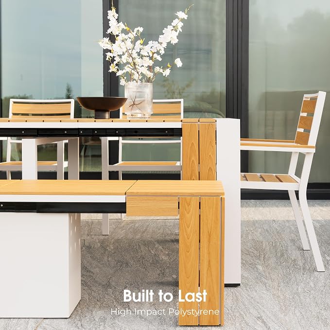 Transformer Table - Extendable Outdoor Dining Set up to 12, Expandable Patio Table, Weather-Resistant Patio Furniture, Light Oak, Natural (Table + Bench + 4 Chairs)