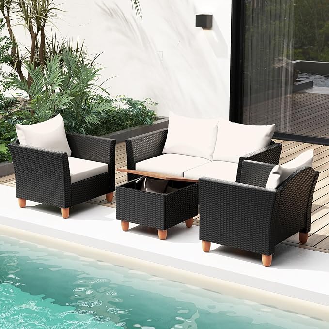Tangkula 4 Piece Outdoor Conversation Set, Patio Cushioned Chairs w/Storage Coffee Table, Acacia Wood Tabletop & Chair Legs, Patio Wicker Furniture Set for Poolside, Lawn, Porch (1, Off White)