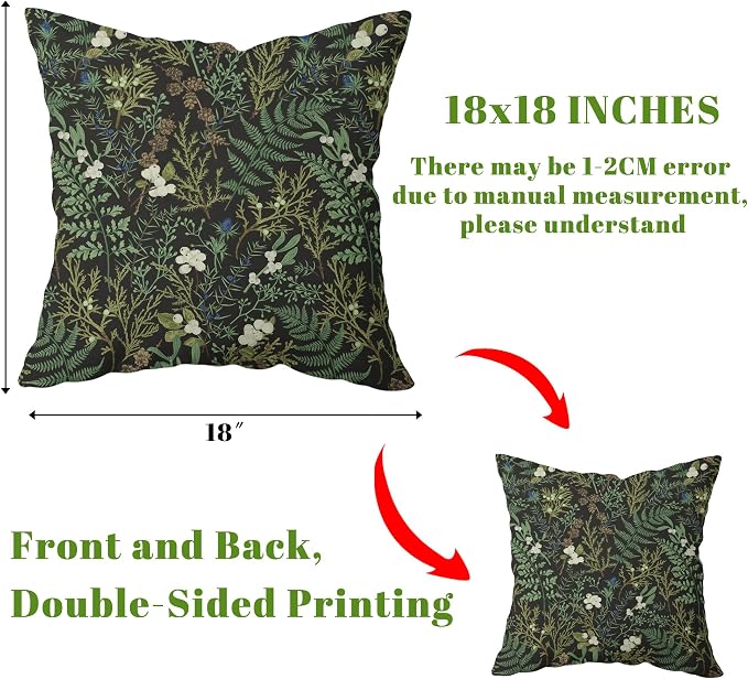 Green Plant Throw Pillow Covers 18x18 Inch Set of 2 Black Green Botanical Leaf Pillow Covers Vintage Floral Cushion Cover Farmhouse Waterproof Decor for Living Room Bedroom Sofa Patio Outdoor