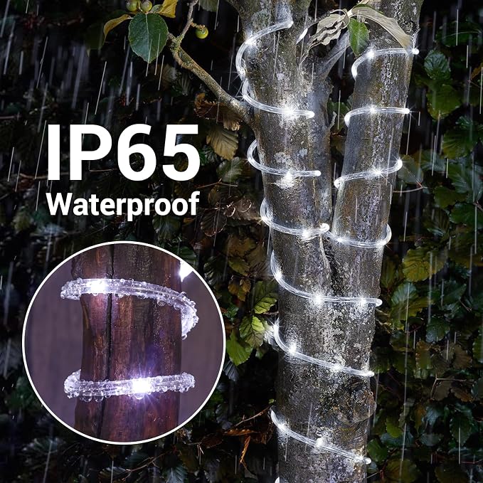 Solar Rope Lights, 2 Pack Total 66ft 200LED Solar String Lights, 8 Modes Waterproof Solar Outdoor Light, Flexible Clear Trampoline Light for Garden Yard Patio Deck Porch Pool Tree Decor - White