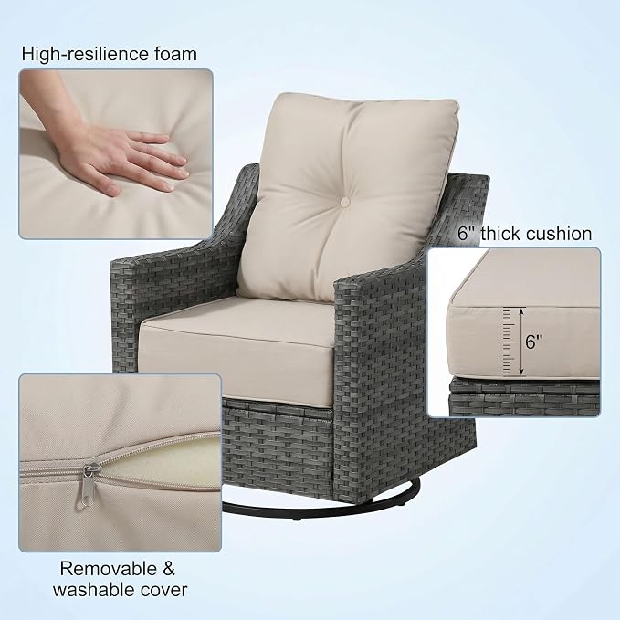 3 Pieces Patio Furniture Set with 6" Thick Cushions, All Weather Outdoor Wicker Swivel Rocker Chairs Set of 2 with Table for Porch Yard Deck