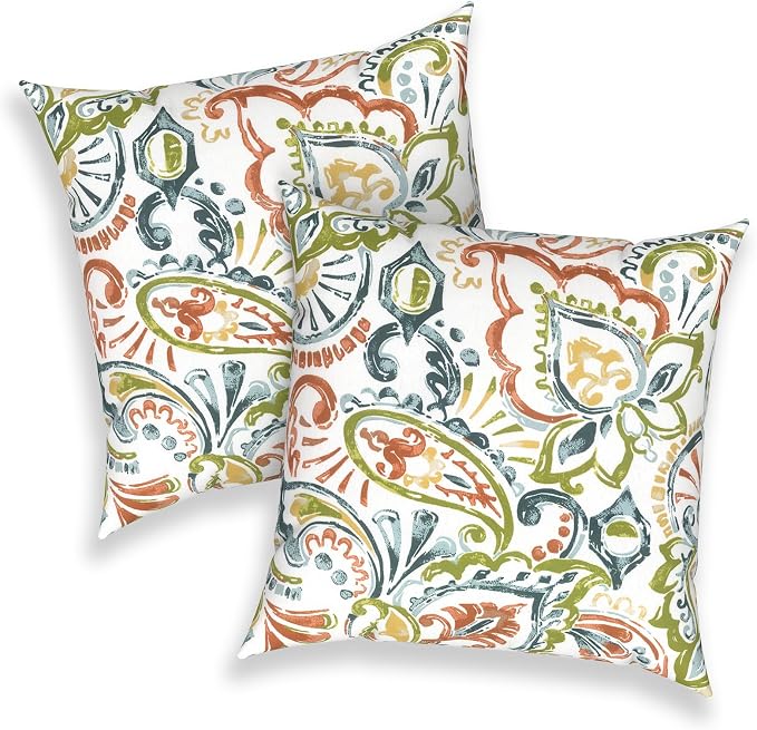 Outdoor Throw Pillows 16x16 Inch, Water Repellent Patio Pillows with Inners Set of 2 for Patio Furniture Home Graden, Paisley Botanical