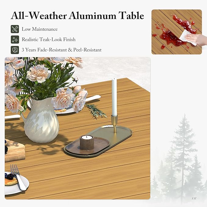 PURPLE LEAF 9 Pieces Patio Dining Set with Waterproof Furniture Cover Rectangular Table and Chairs Set for Garden Deck Aluminum Frame Backyard Kitchen Set, Cushions and Pillows Included Teak