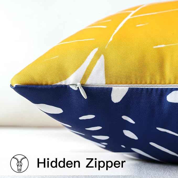 OTOSTAR Outdoor Waterproof Throw Pillow Covers 12x20 Inch Set of 2 Double-Sided Yellow Blue Tropical Leaf and Flower Spring Summer Decorative Pillow Cases for Patio Funiture Garden Tent Balcony Couch