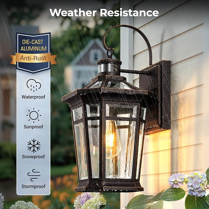 VIANIS Motion Sensor Outdoor Porch Lights Wall Mount, Aluminum Dusk to Dawn Outdoor Lighting for House Exterior Wall Sconce, Waterproof Oil Rubbed Bronze Gold Trim Exterior Lighting Fixtures for Patio