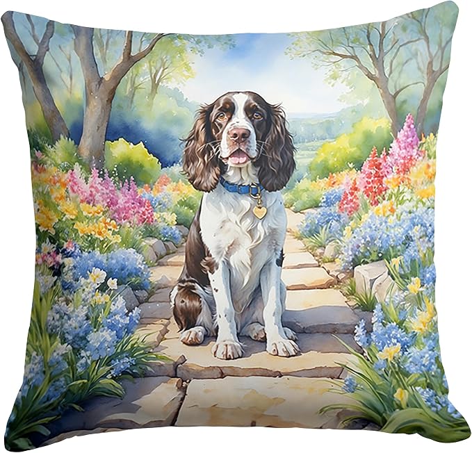 Caroline's Treasures English Springer Spaniel Spring Path Throw Pillow Machine Washable, Indoor Outdoor Decorative Pillow for Couch, Bed or Patio, 14Hx14W