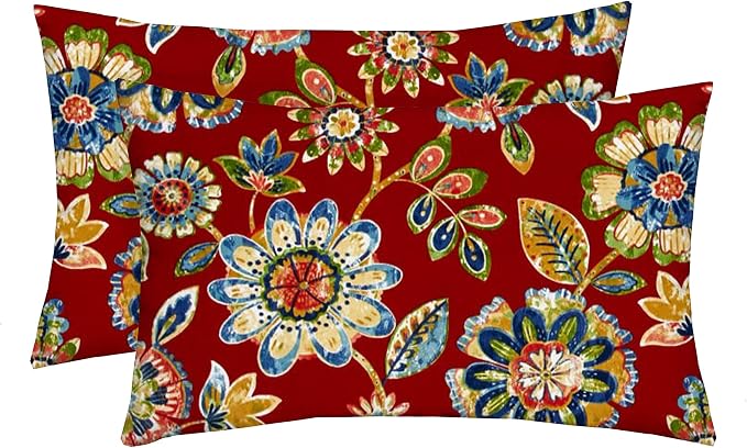RSH DECOR: Lumbar Throw Pillows Set of 2 | 20” x 12" | All-Weather Spun Fabric | Water and Fade-Resistant | Outdoor Support Pillows for Patio Furniture | Daelyn Cherry