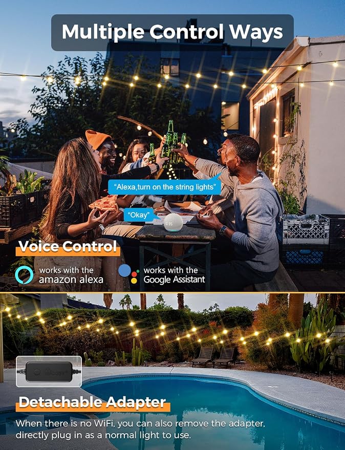 XMCOSY+ Smart Outdoor String Lights, 150Ft G40 Globe Patio Lights with 75 LED Bulbs, WiFi & APP Control, Work with Alexa, Extendable Waterproof Dimmable LED String Lights for Outside, Porch, Cafe | Smart WiFi APP control compatible with Alexa, globe bu...