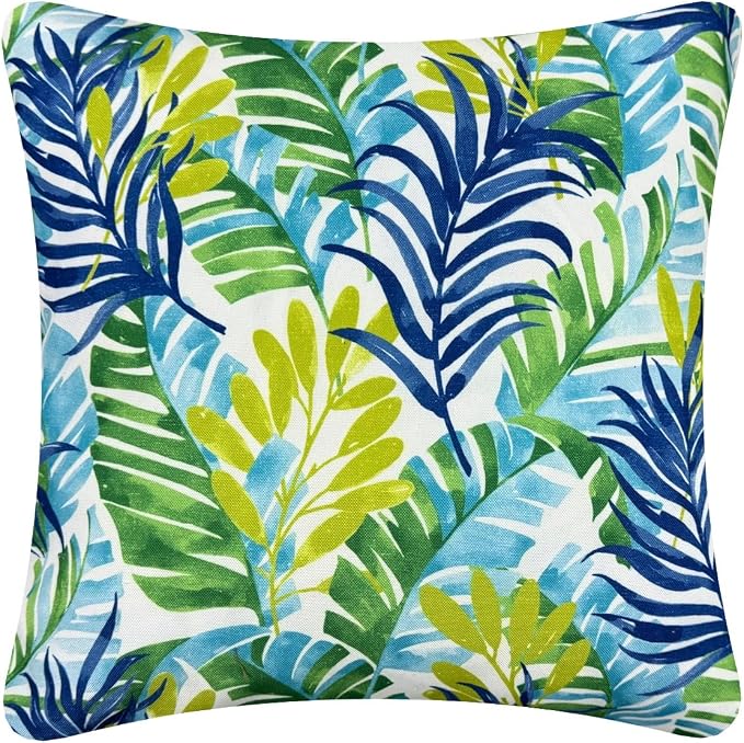 Outdoor Waterproof Decorative Throw Pillow Cover for Patio Furniture, 18x18 Inch Fade Resistant Patio Garden Cushion Cover for Couch Bed Sofa, Leaves Blue and Green