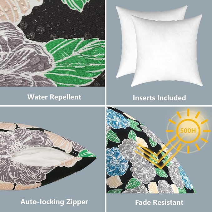 LVTXIII 2 Pack Outdoor Pillows 18x18 Inch, Square Throw Pillows with Inserts, Decorative Water-Repellent Pillow Cushions for Patio Furniture and Garden Sofa, Sketch Peony