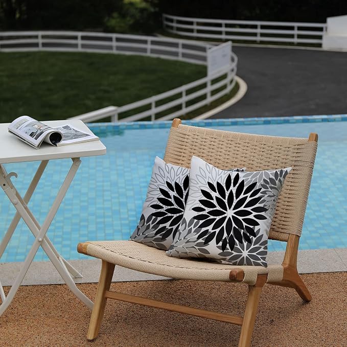 DFXSZ Outdoor Waterproof Pillow Covers 18x18 Set of 2 Black Grey Flower | Spring Summer Waterproof Flower Throw Pillowcases（No Inserts）Outdoor Decor for Patio Funiture Garden Polyester Covers