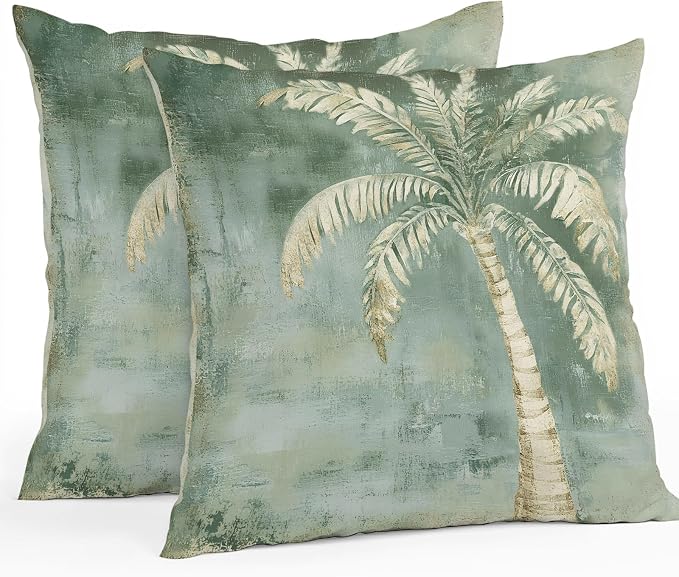 Coastal Beach Tree Sage Green Outdoor Waterproof Pillow Covers, Vintage Summer Palm Tree Decorative Square Throw Pillowcase, Tropical Botanical Sofa Cushion Sham for Patio/Couch/Chair, 18"x18" 2 Pack