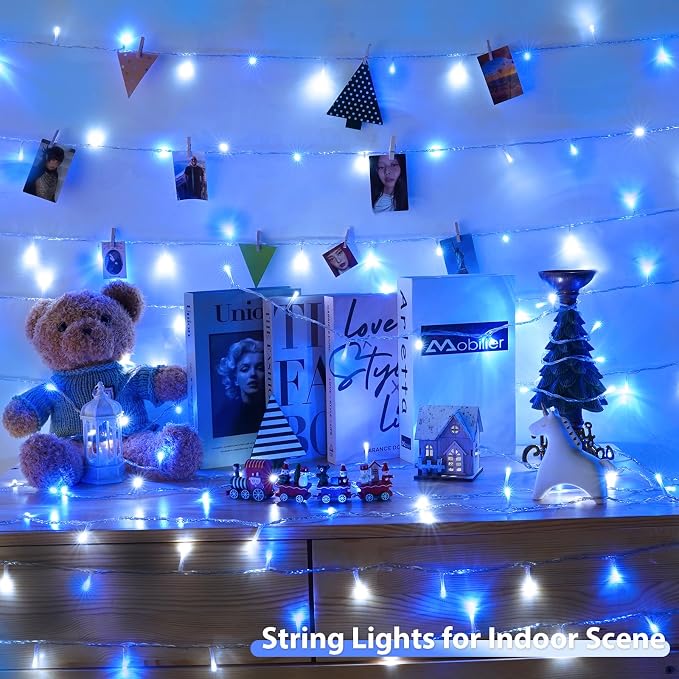 2 Pack 200 LED Battery Operated String Lights, Twinkle Lights Blue & White | 66FT 8 Modes Fairy Lights Indoor Outdoor with Auto Timer, Waterproof Christmas Lights for Bedroom Party Porch Tree Decor