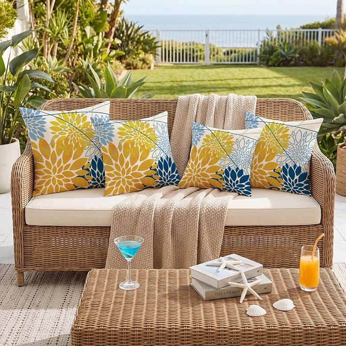 OTOSTAR Outdoor Yellow Light Blue Pillow Covers 20x20 Inch Set of 2 Dark Blue Flower Throw Pillows Farmhouse Geometric Dahlia Floral Square Cushion Case Waterproof Decor for Sofa Patio Funiture Garden