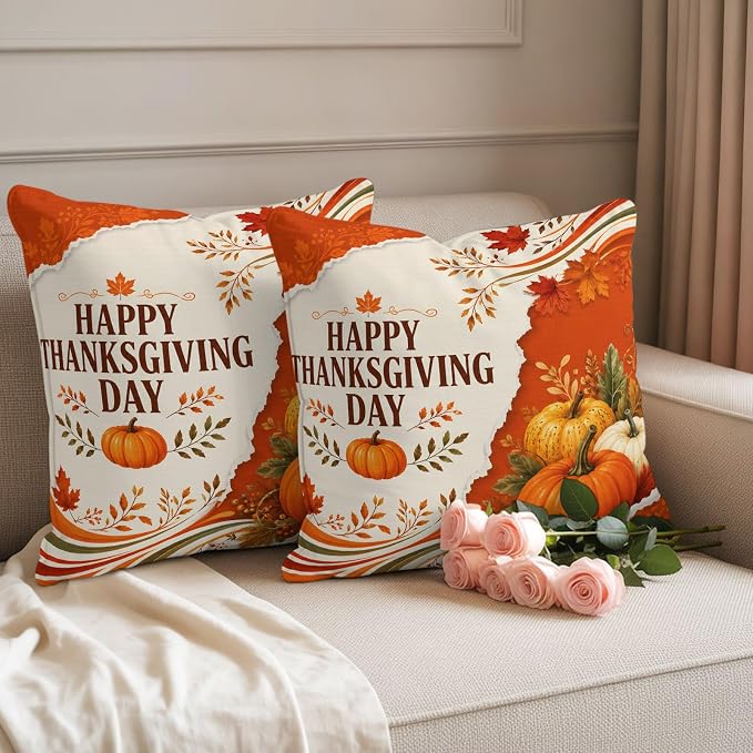 Fall Thanksgiving Waterproof Outdoor Pillow Covers 18''x18'' Set of 2, Maple Leaves Orange Pumpkins Patio Furniture Cushion Covers for Chairs, Decorative Farmhouse Pillow Cases for Garden/Pool/Beach