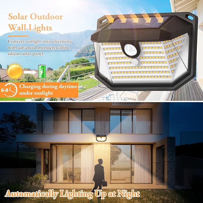 Solar Outdoor Lights, 4-Pack 178 LEDs Motion Sensor Wall Light with 270° Wide Angle & 3 Modes, Waterproof 3000K Solar Powered Security Light for Patio Garden Garage Front Door
