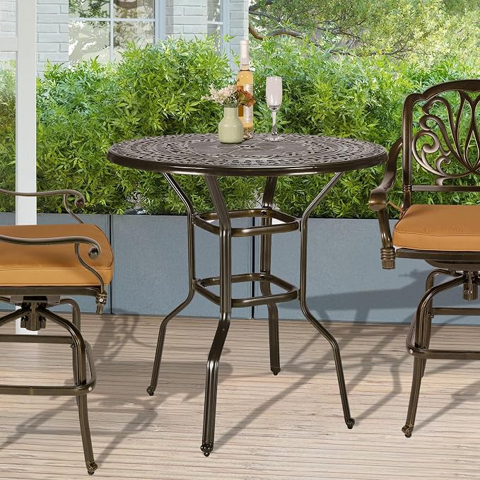 Outdoor Cast Aluminum Bar Table, 38.5" Patio Bar Height Table with 2" Umbrella Hole, All Weather High Top Bistro Round Dining Table for Outside Deck Porch Balcony Poolside, Dark Bronze