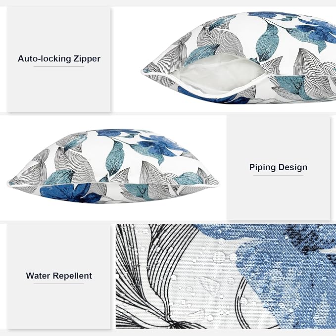 Outdoor Throw Pillows Inners, Fade Resistant Patio Furniture Square Pillows with Piping Set of 2 for Patio Furniture, 18x18 Inch, Clemens Blue