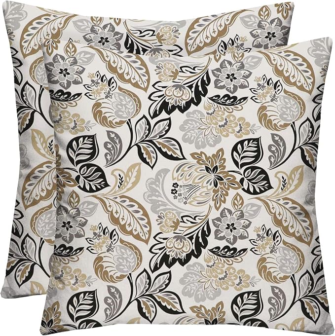 RSH DECOR Square Throw Pillows Set of 2, 20" x 20", Outdoor Pillows Waterproof, Outdoor Pillow Covers, Pillow Covers for Couch, Dailey Pewter Grey Floral, Made in USA