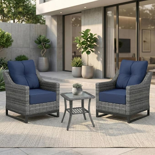 3 Piece Patio Furniture Set, Grey Wicker Outdoor Conversation Set with 2 Wicker Chairs and Side Table, 6-Inch Thick Cushions, High Back Seating, Blue Olefin Covers for Porch, Deck