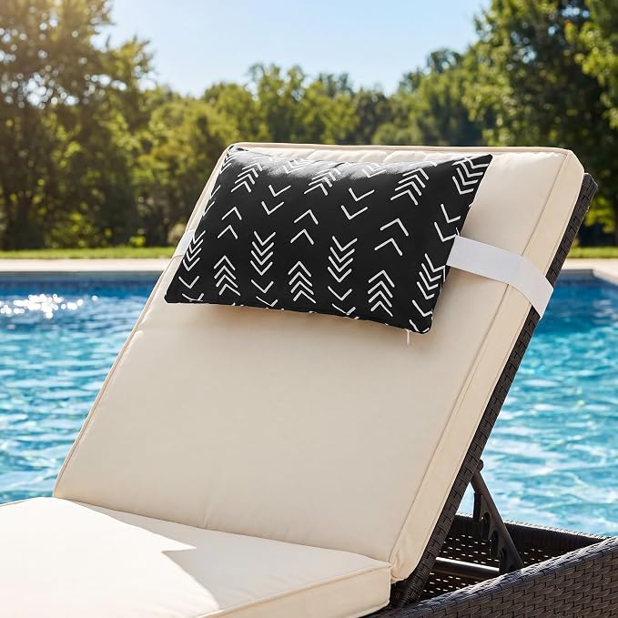 Black Geometric Outdoor Chaise Lounge Head Pillow 11"x16" Set of 2 | Waterproof Lumbar Pillows with Insert Adjustable Elastic Strap, Neck Attachment for Recliner Patio Beach Pool