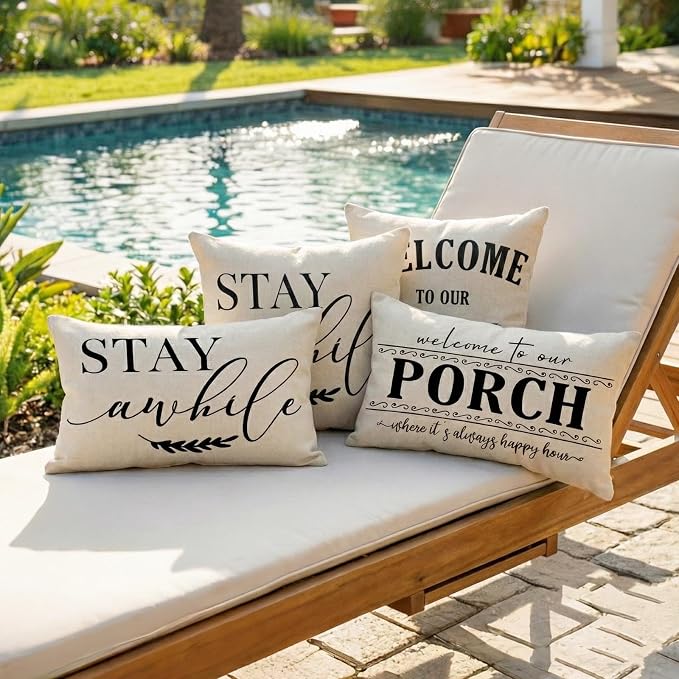 Front Porch Decor Pillows Outdoor Lumbar Pillow Covers Waterproof 12x20 | Set of 2, No Inserts, Minimalist Neutral Home Decor, Patio Pillows Outdoor Waterproof, Weather Resistant Outdoor Pillows