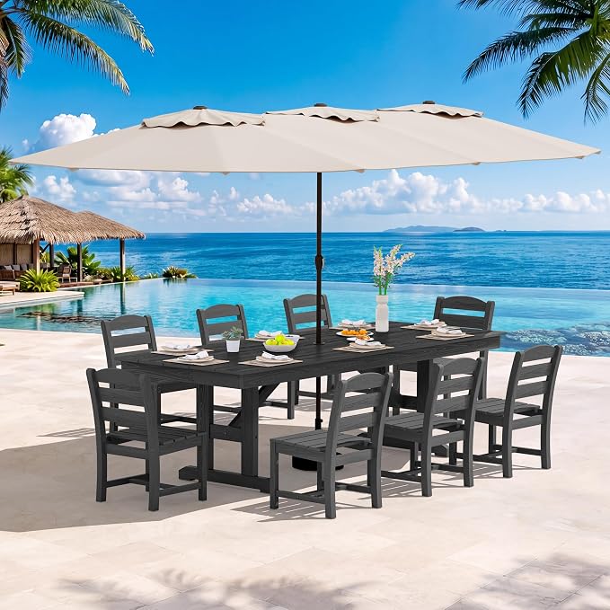 SERWALL 10 Piece Outdoor Dining Set with 15ft Triple-Head Foldable Umbrella(Based not Included), 84" HDPE Outdoor Table and Armless Chairs Set for 8, Black