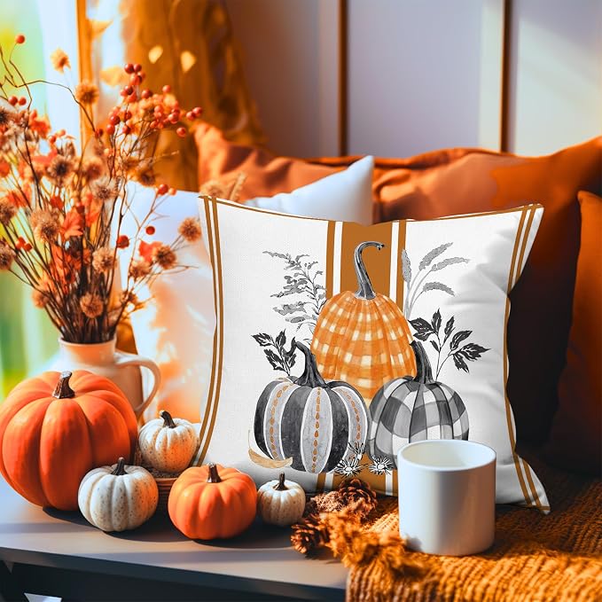 Orange Fall Outdoor Pillow Covers 18X18 Inch Set of 2 Waterproof Buffalo Plaid Pumpkins Truck Farmhouse Decorative Porch Cushion Cases Polyester Thanksgiving Decor for Patio Furniture