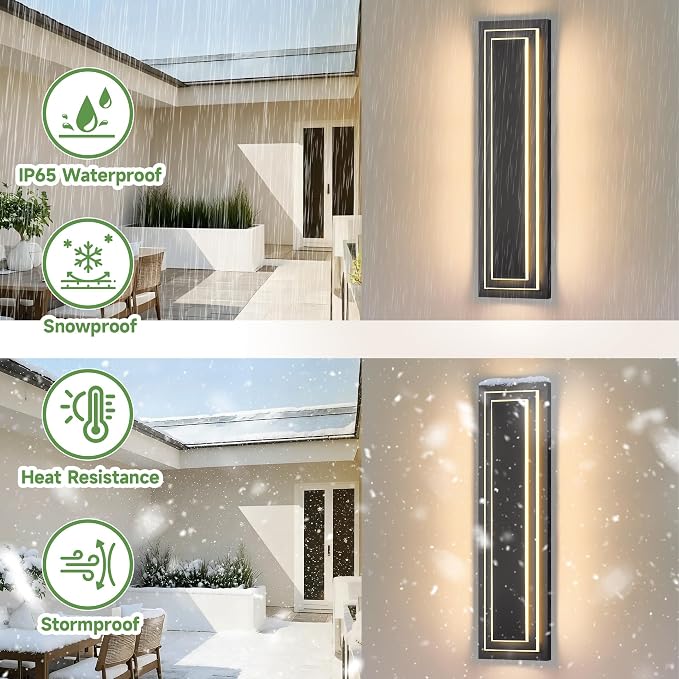 24 in Modern Outdoor Wall Light，2-Tier Exterior Lighting Fixtures | Black Outdoor Front Porch Light,Outside Light Fixtures For House,Garage,Patio,Waterproof,36W 3000K Warm White, 1 Pack