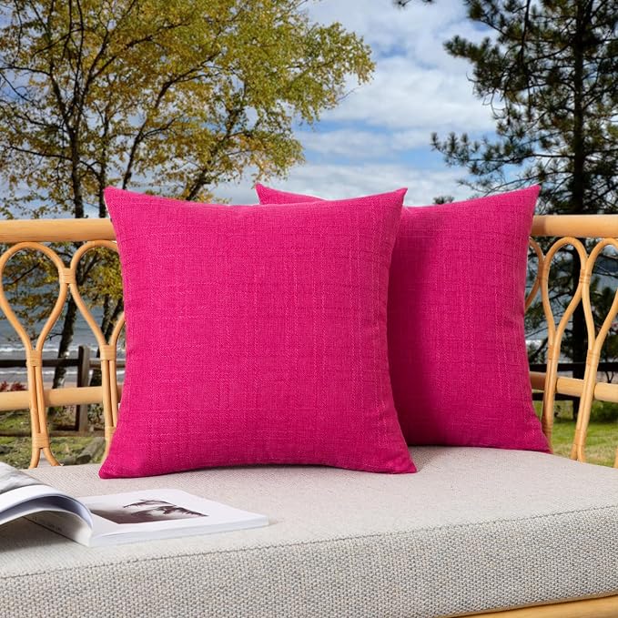 Kevin Textile Outdoor Waterproof 22”x22” Pillow Covers 2 Pack, Hot Pink | Water Resistant, Soft Faux Linen-cotton Yarn-dyed Woven Texture Throw Pillow Covers for Tent Patio Garden Couch Sofa