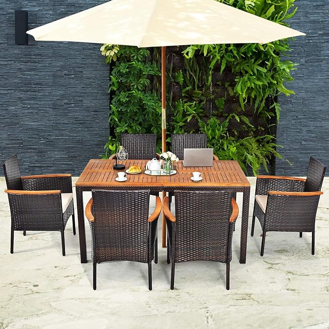 HAPPYGRILL 7-Piece Rattan Patio Dining Set Outdoor Wicker Dining Set with Umbrella Hole, Removable Cushions, Table & Chairs Set with Acacia Wood Table Top
