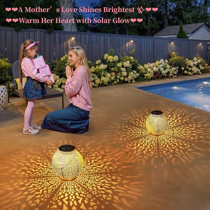 2 Packs White Solar Lanterns Outdoor Waterproof Garden Laterns Metal Retro Lights for Mothers Gifts Mom Wife Grandma Birthday Gifts (White Set of 2)