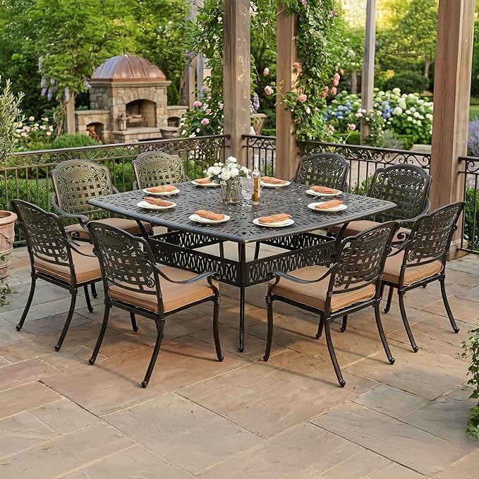 VIVIJASON 9-Piece Outdoor Dining Set, Cast Aluminum Retro Patio Furniture Table and Chairs Set for 8, Include Large 64" Square Dining Table and 8 Chairs with Umbrella Hole for Balcony Garden, Khaki