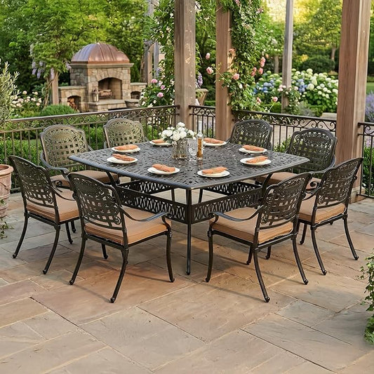 VIVIJASON 9-Piece Outdoor Dining Set, Cast Aluminum Retro Patio Furniture Table and Chairs Set for 8, Include Large 64" Square Dining Table and 8 Chairs with Umbrella Hole for Balcony Garden, Khaki