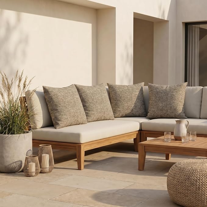 RSH DECOR: Sunbrella Square Throw Pillows Set of 4 | 24" x 24" | Water and Fade-Resistant Performance Fabric | Outdoor Pillow Covers with Down-Alternative Inserts | Made in USA (Berber Cafe)