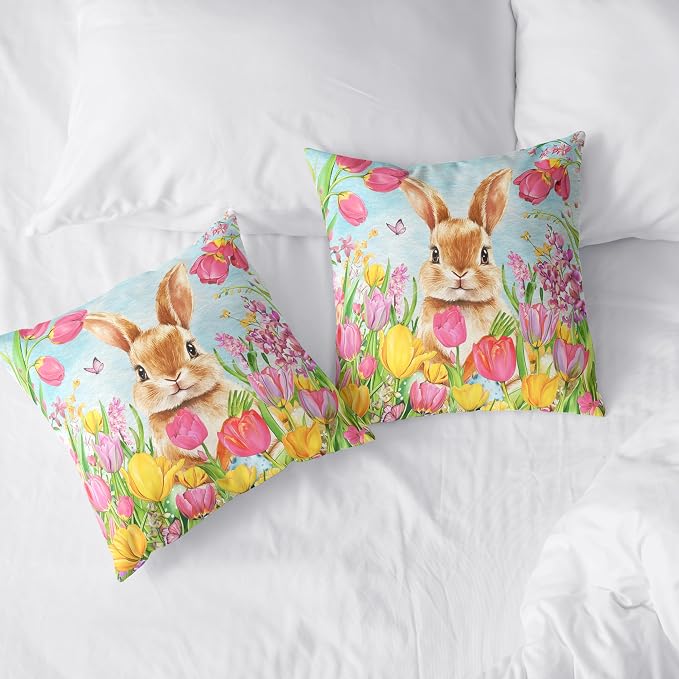 Easter Bunny Pillow Covers 20x20 Set of 2 Lovely Rabbit with Tulip Throw Pillow Covers Spring Pillow Case Floral Cotton Blend Cushion Case for Easter Decor Sofa Patio Garden